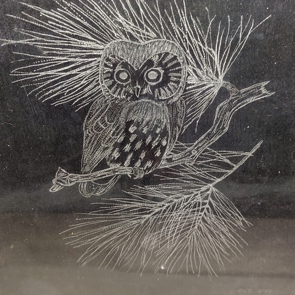 Vintage Hand Crafted Etched Snow Owl on Glass Picture Signed artist 1 of a Kind - Picture 2 of 11